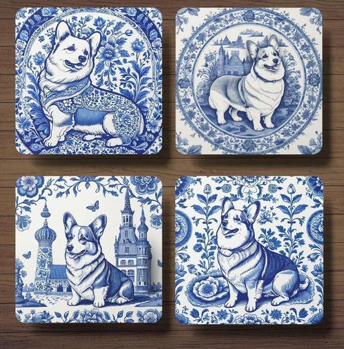 Corgi Delfts Blauw onderzetters met houder, Huis en Inrichting, Woonaccessoires | Onderzetters, Nieuw, Glas of Kopje, Ophalen of Verzenden