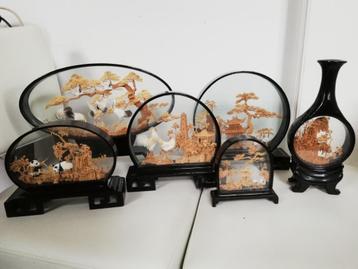 6x prachtige kurk kunstwerken zwart gelakt houten frame beschikbaar voor biedingen
