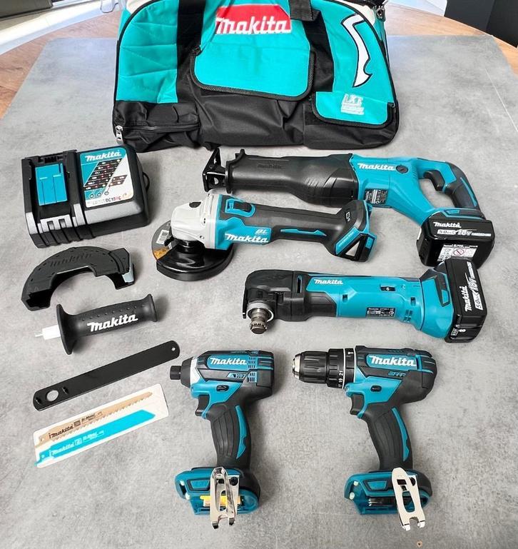 MAKITA 5-DELIGE 18v GEREEDSCHAPSET 5.0AH BOOR SLIJPER REPRO, Doe-het-zelf en Verbouw, Gereedschapskisten, Nieuw, Gevuld, Ophalen of Verzenden