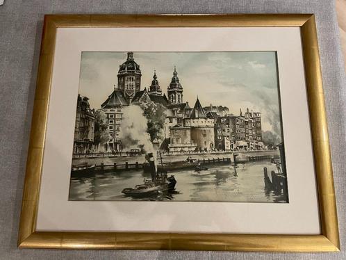 Kleur ets van Roger Hebbelinck Amsterdam Prins Hendrikkade, Antiek en Kunst, Kunst | Etsen en Gravures, Ophalen