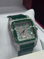 Cartier santos XL 15ct diamonds vvs/f + 7ct emerald green, Sieraden, Tassen en Uiterlijk, Overige merken, Leer, Staal, Polshorloge