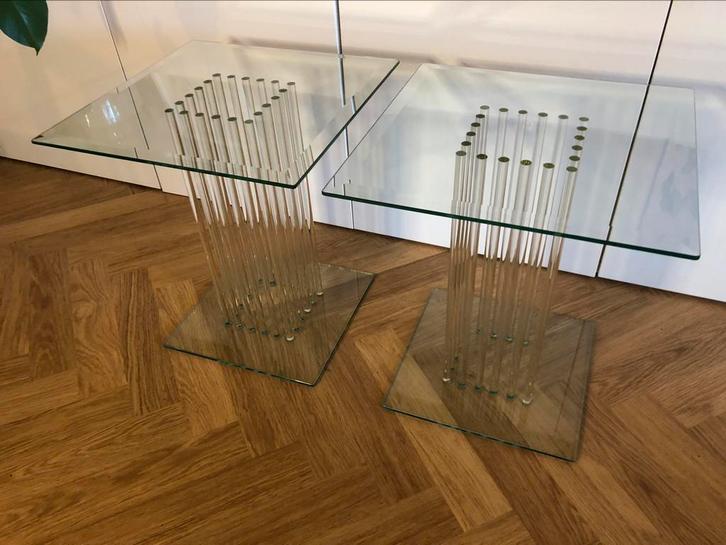 Set van twee glazen designer bijzettafels van Greenapple, Huis en Inrichting, Tafels | Bijzettafels, Zo goed als nieuw, Vierkant