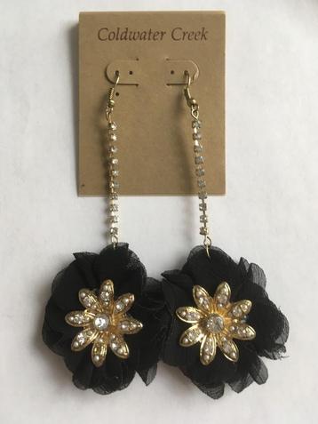 Coldwater Creek zwarte voile bloemen strass hang oorbellen beschikbaar voor biedingen