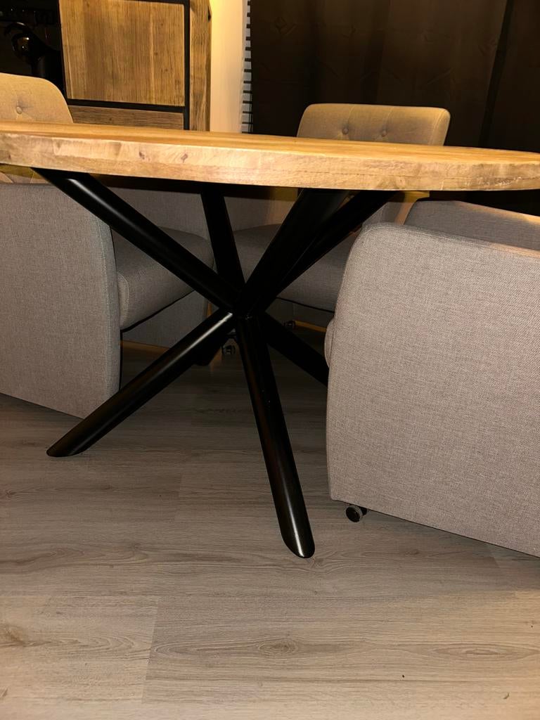 Stijgerhouten ronde eettafel Ø 135 cm incl grijze eetstoelen, Ophalen, Gebruikt, 100 tot 150 cm, Rond