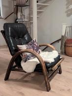 Vintage rotan fauteuil met leren bekleding, Huis en Inrichting, Fauteuils, Ophalen, Gebruikt, Leer, Vintage