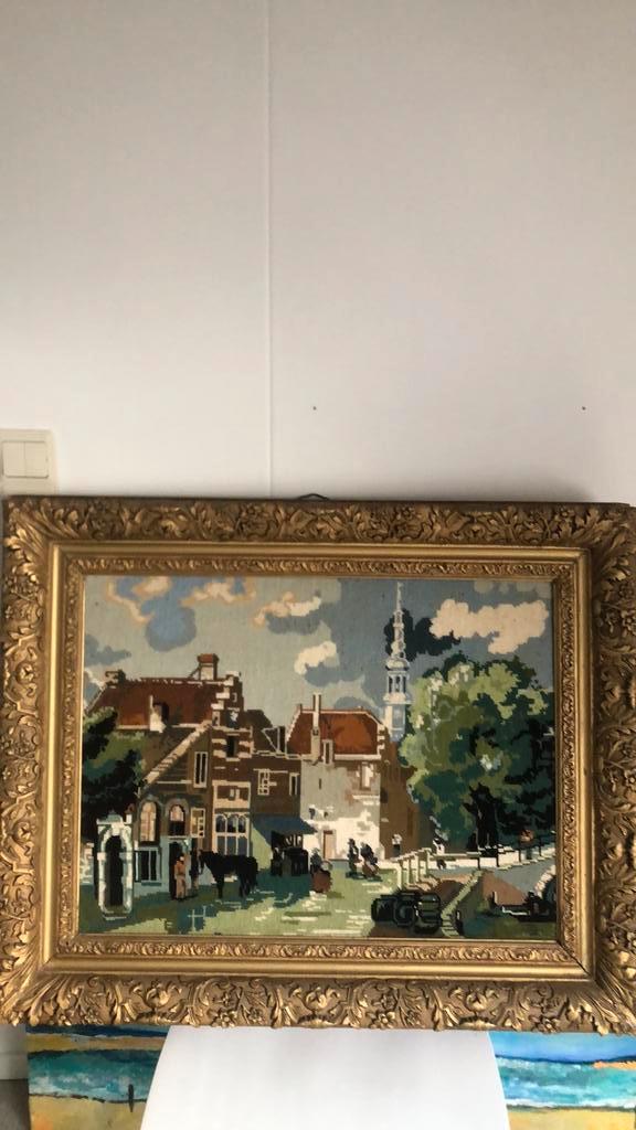 geborduurd stadsgezicht Haarlem in antieken lijst, 85x69cm, Antiek en Kunst, Kunst | Schilderijen | Klassiek, Ophalen