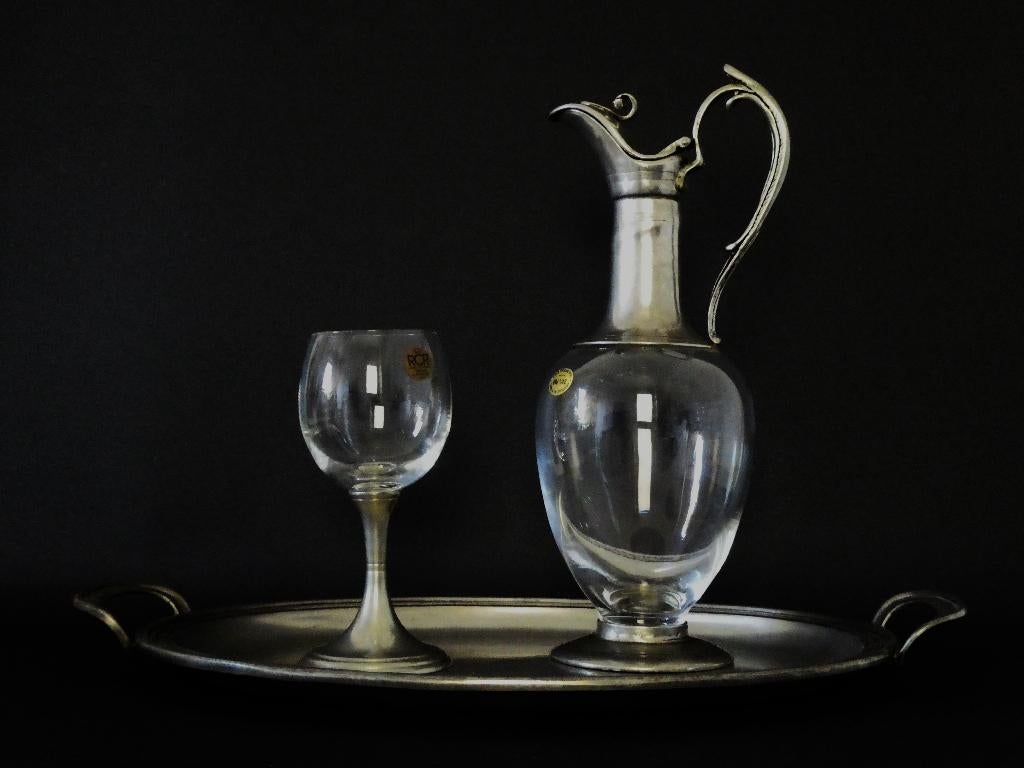 Tinnen Coen Kurz dienblad kristallen karaf glas tinbeslag, Antiek en Kunst, Antiek | Tin, Ophalen of Verzenden