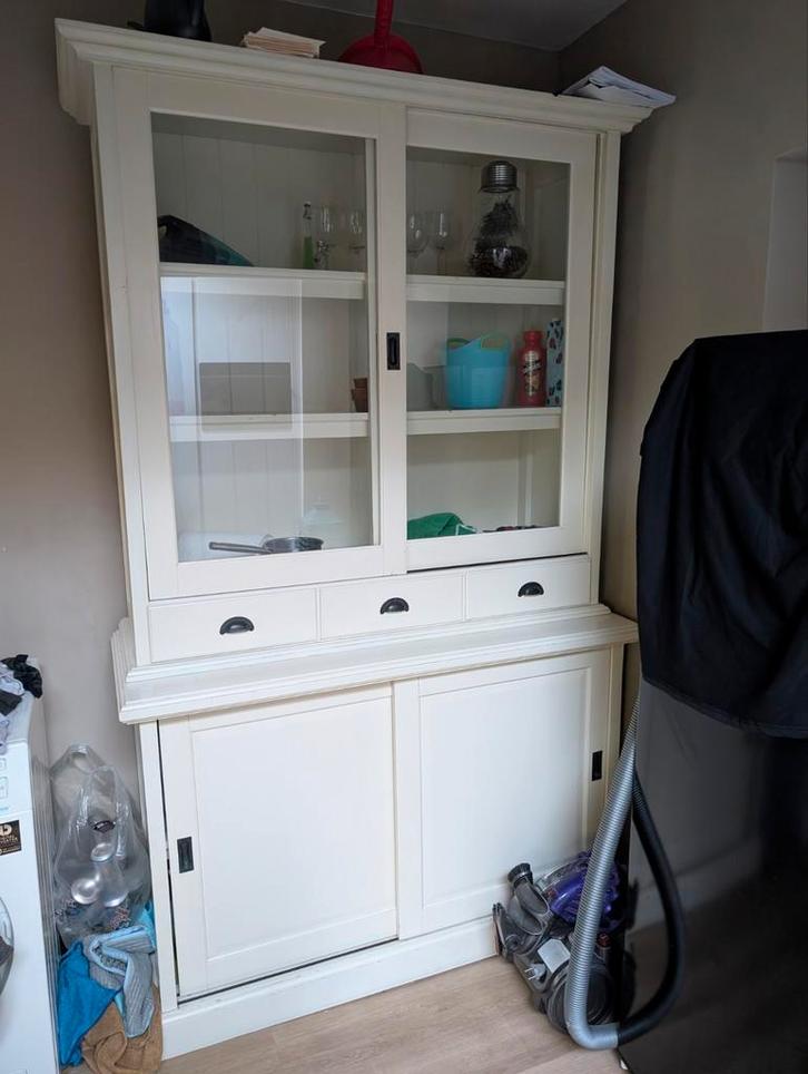 Witte buffetkast / vitrinekast met schuifdeuren jaren 30, Huis en Inrichting, Kasten | Buffetkasten, Zo goed als nieuw, 200 cm of meer