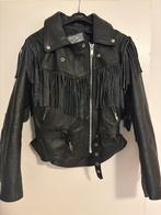 Zwarte leren jas met franjes, Ophalen, Gedragen, Maat 36 (S), Zwart