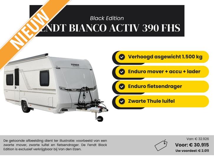 Fendt Bianco Activ 390 FHS Black Edition Actiepakket, Caravans en Kamperen, Caravans, Bedrijf, tot en met 3, 1000 - 1250 kg, Treinzit
