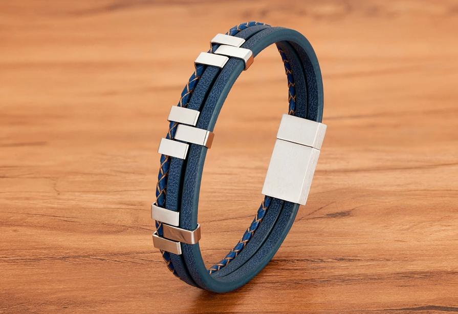 Heren Blauwe Stalen Leren Armband, Verzenden, Nieuw, Blauw, Leer