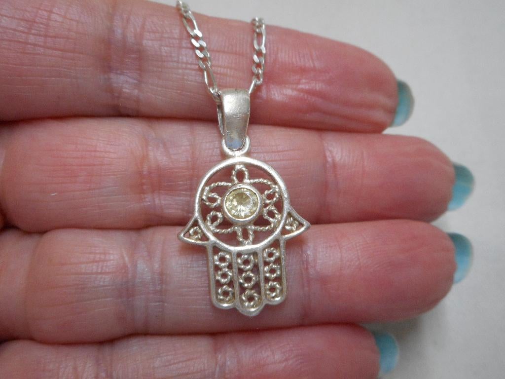 Zilveren ketting met Hamsa hand hanger nr.888, Met hanger, Gebruikt, Verzenden, Zilver