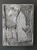 vintage aluminium plaquette stadsgezicht gesigneerd 30x40cm, Ophalen of Verzenden