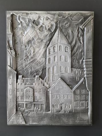 vintage aluminium plaquette stadsgezicht gesigneerd 30x40cm beschikbaar voor biedingen