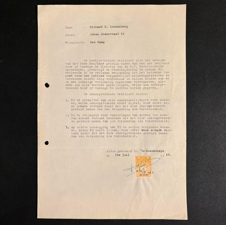 Vergunning NS betreding terreinen (‘s-Gravenhage - 1963), Verzamelen, Spoorwegen en Tramwegen, Gebruikt, Trein, Ophalen of Verzenden