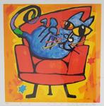 Ad Verstijnen blauwe poes in rode stoel, Antiek en Kunst, Ophalen