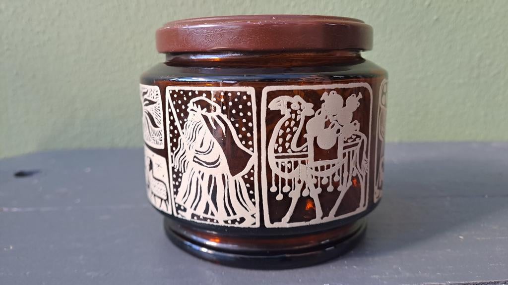 Vintage bruine glazen pot met deksel, Overige kleuren, Onbekend, Ophalen of Verzenden, Onbekend