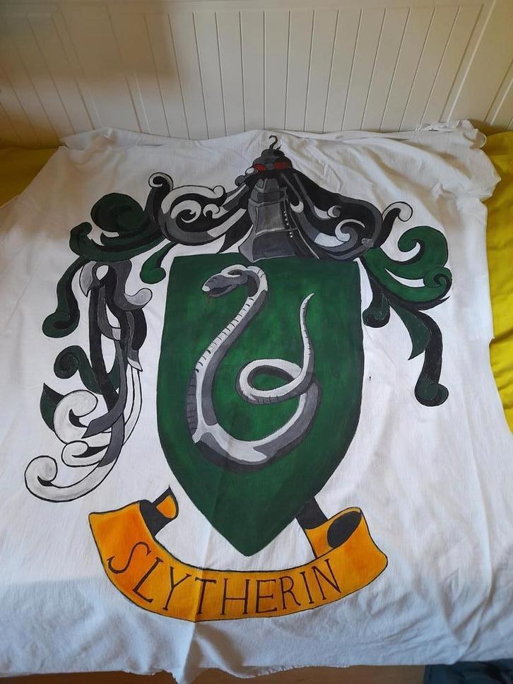 Geschilderd Slytherin logo (Harry Potter) op stof, Hobby en Vrije tijd, Feestartikelen, Gebruikt, Carnaval, Ophalen