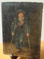 Antiek paneeltje olieverf kreupele bedelaar in lompen, Antiek en Kunst, Ophalen of Verzenden