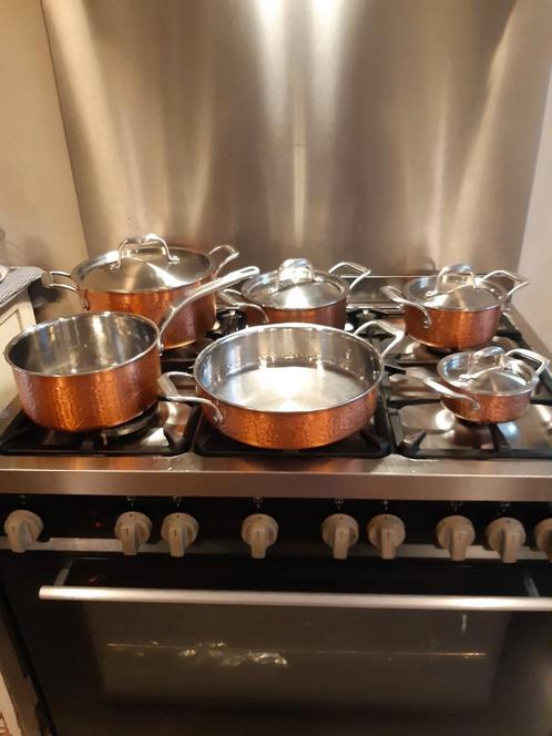 6 delig koperen pannenset Lagostina, Huis en Inrichting, Keuken | Potten en Pannen, Gebruikt, Pannenset, Rvs, Ophalen of Verzenden