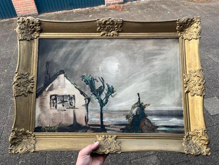 Schilderij: Huis aan Zee met Stormachtige Lucht, Antiek en Kunst, Kunst | Schilderijen | Klassiek, Ophalen