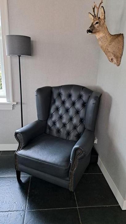 Grijze kunstleder fauteuils gecapitonneerd zgan, Huis en Inrichting, Fauteuils, Zo goed als nieuw, Ophalen