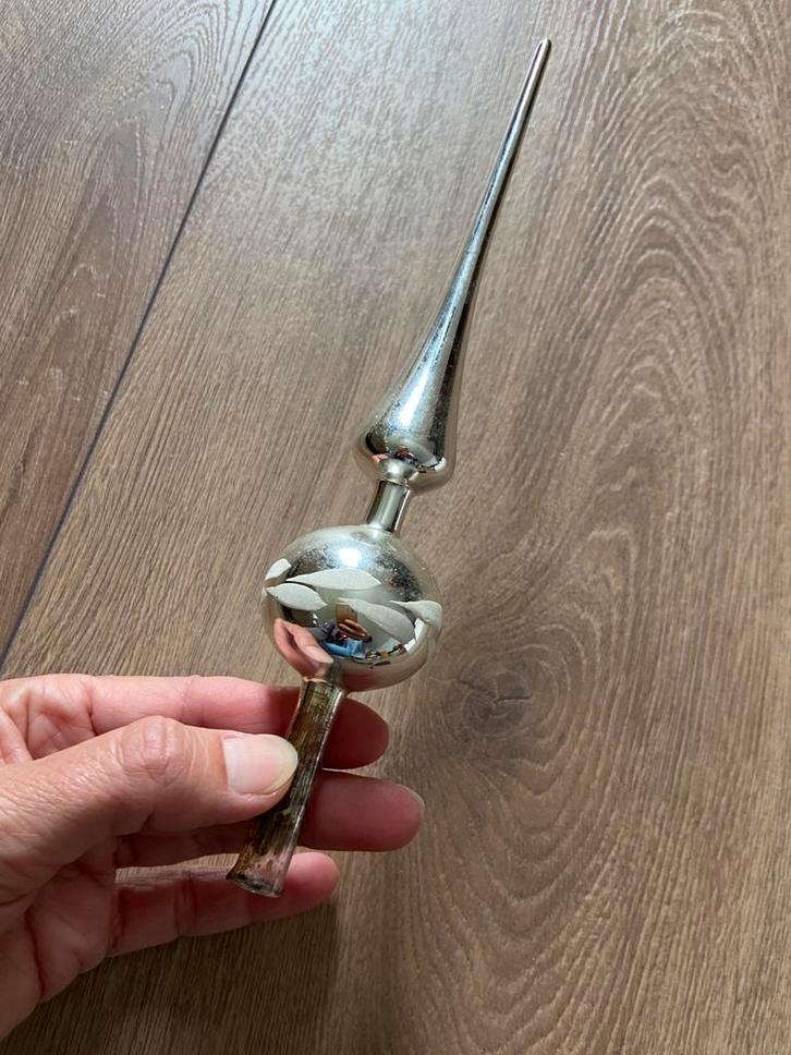 Kleine oude glazen kerstboom piek zilver kerstversiering, Diversen, Kerst, Zo goed als nieuw, Ophalen of Verzenden