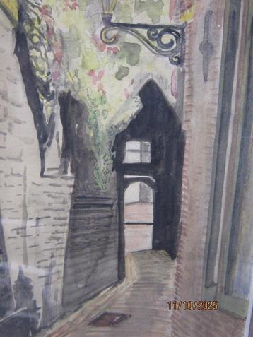 H.L.HILGEMAN, 1938, Mooie Aquarel Straatje Lantaarn/poortje beschikbaar voor biedingen