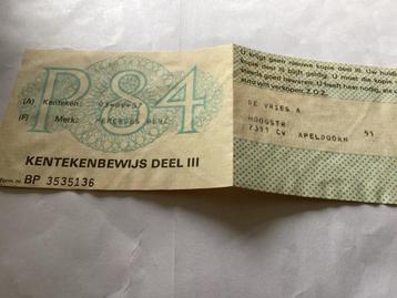 Kentekenbewijs Deel III Mercedes-Benz 1984 beschikbaar voor biedingen
