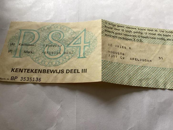 Kentekenbewijs Deel III Mercedes-Benz 1984, Auto diversen, Handleidingen en Instructieboekjes, Ophalen of Verzenden