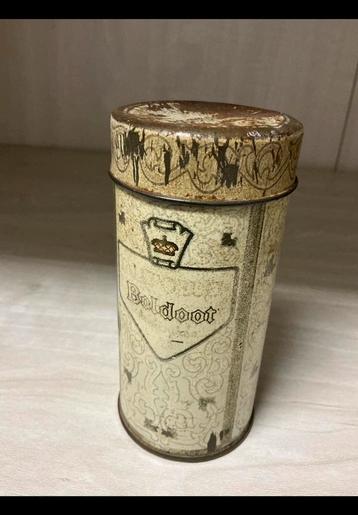 Heel oud Boldoot talkpoeder blikje, verkleurd Ong 12 cm hoog beschikbaar voor biedingen