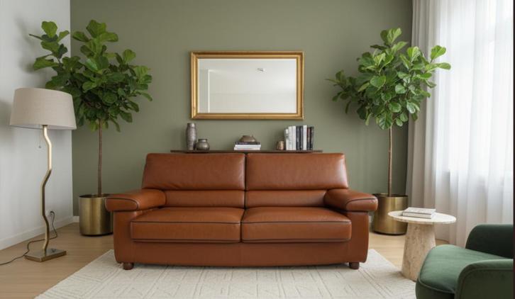 Leren bank cognac 200cm - Echt leer - Afneembare kussens, Huis en Inrichting, Complete inboedels, Ophalen