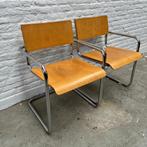 2x vintage buisframe stoel, hout - chroom - slede - Bauhaus, Huis en Inrichting, Metaal, Twee, Gebruikt, Bruin
