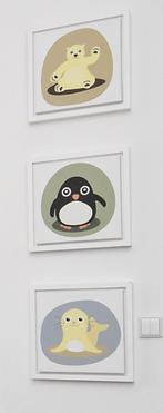 3 x unieke lijsten (36x36x4) met pinguin, ijsbeer & zeehond, Ophalen, Zo goed als nieuw, Wanddecoratie