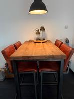 Mooie mango houten bartafel met buffel lederen krukken, Ophalen, 100 tot 150 cm, 50 tot 100 cm, Zo goed als nieuw