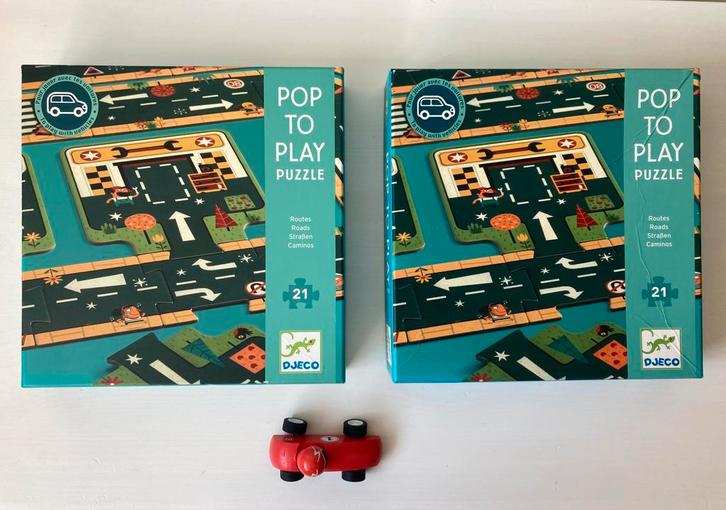 Djeco Pop and play autobaan puzzels 2 stuks + autootje, Kinderen en Baby's, Speelgoed | Kinderpuzzels, Zo goed als nieuw, 4 tot 6 jaar