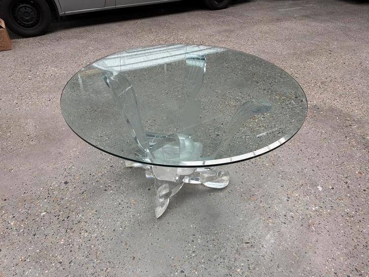 Unieke ronde glazen eettafel, Ø140 cm, Glazen roos als poot, Huis en Inrichting, Tafels | Eettafels, Zo goed als nieuw, 100 tot 150 cm