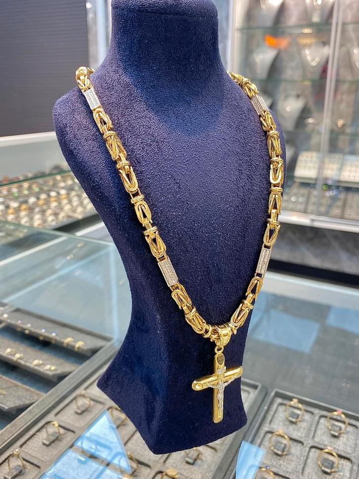 14k Gouden Koningsketting & Kruis, Sieraden, Tassen en Uiterlijk, Kettingen, Nieuw, Goud, Goud, Met hanger, Verstelbaar, Ophalen