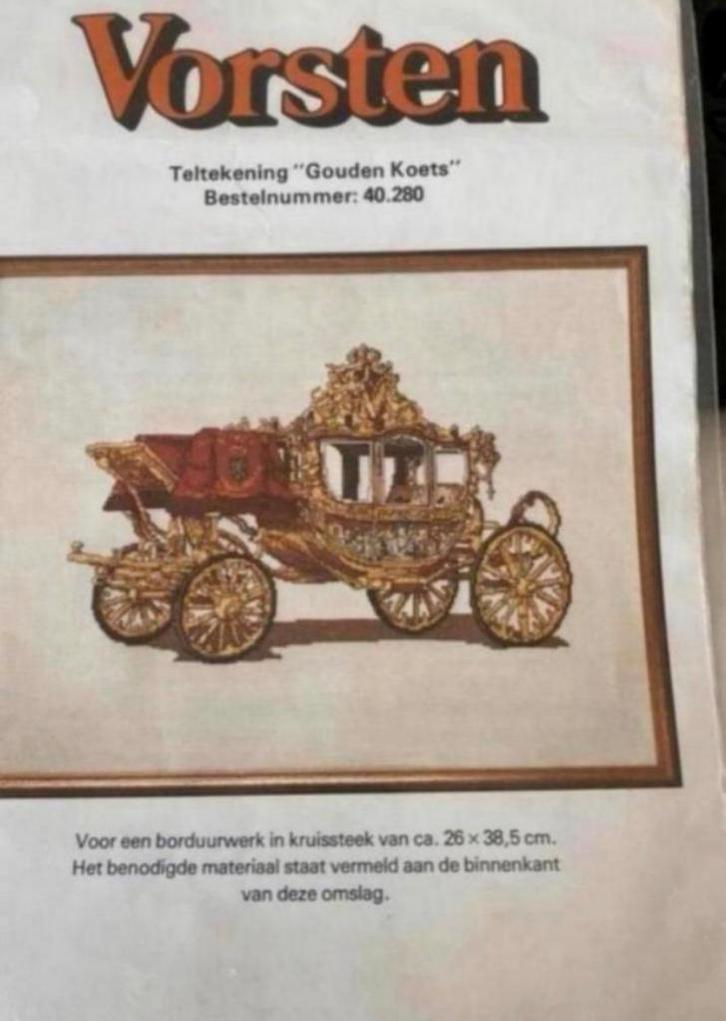 BORDUURPATROON VORSTEN GOUDEN KOETS, Hobby en Vrije tijd, Borduren en Borduurmachines, Zo goed als nieuw, Patroon, Handborduren