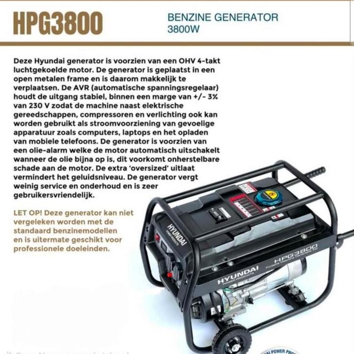Hyundai HPG3800 Benzine Generator 230V 3800W Z.G.A.N., Doe-het-zelf en Verbouw, Aggregaten, Zo goed als nieuw, Benzine, 30 kVA of meer