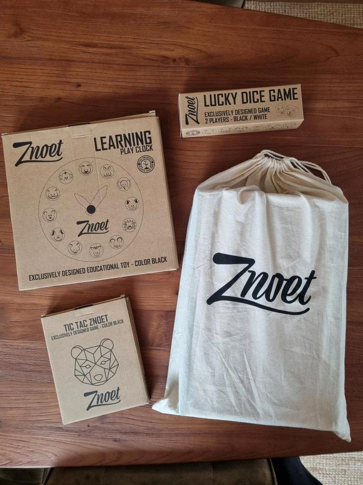 4 houten spellen Znoet: Sjoelbak, Tic Tac, Klok, Dobbelspel, Kinderen en Baby's, Speelgoed | Buiten | Speeltoestellen, Zo goed als nieuw