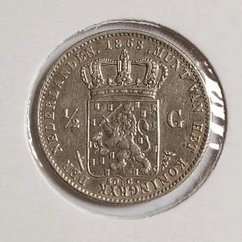 Zeer Fraaie Zilveren Halve (of 1/2) Gulden 1868 - Willem III, Postzegels en Munten, Munten | Nederland, Losse munt, ½ gulden, Koning Willem III