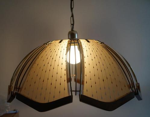 vintage hollywood regency hanglamp glas beige metaal groot, Huis en Inrichting, Lampen | Hanglampen, Gebruikt, 75 cm of meer, Glas