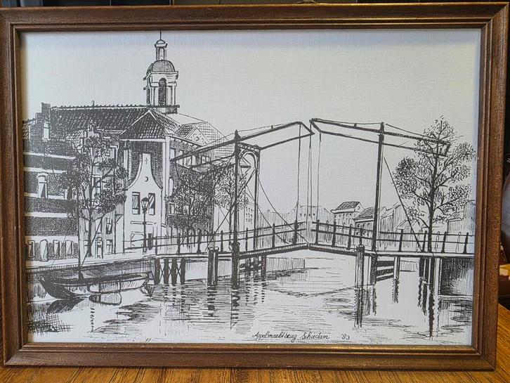Prent Appelmarktbrug Schiedam Ingelijst, Antiek en Kunst, Kunst | Tekeningen en Foto's, Ophalen of Verzenden