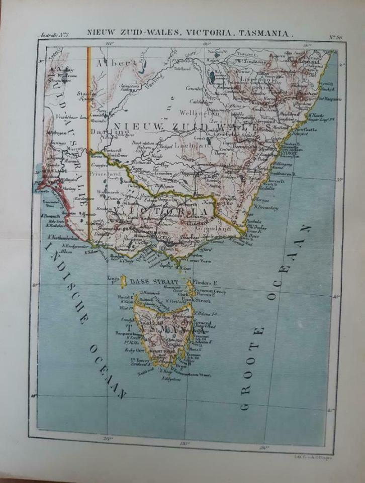 96 / Litho uit 1882 van J. Kuyper Australië en Tasmanië, Antiek en Kunst, Kunst | Litho's en Zeefdrukken, Ophalen of Verzenden