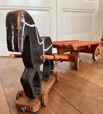 Antiek houten speelgoed trekpaard met platte kar, Antiek en Kunst, Ophalen of Verzenden