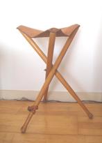 Triple folding stool vouwkruk berkenhout en tuigleer, Ophalen of Verzenden, Gebruikt, Hout