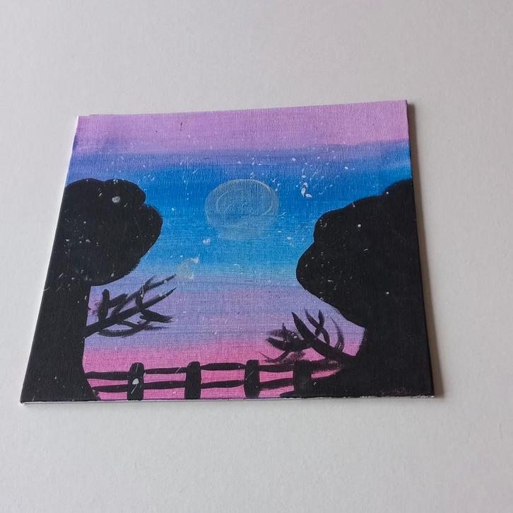 Schilderij: Silhouetten bij maanlicht   -   25/25 cm, Antiek en Kunst, Kunst | Overige Kunst, Ophalen of Verzenden