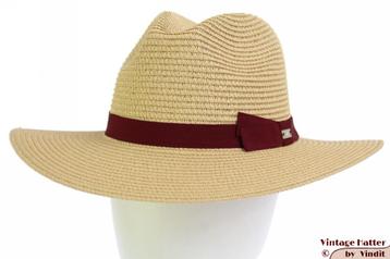 zomer gleufhoed Hawkins beige papier donker rode band 56 -57 beschikbaar voor biedingen