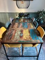 Industriële eettafel mangohout met metalen onderstel, Huis en Inrichting, Ophalen, Gebruikt, 50 tot 100 cm, Vier personen